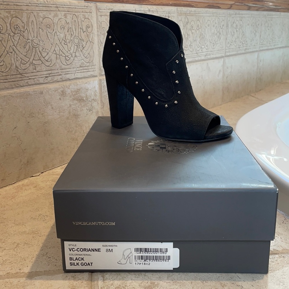 Vince Camuto open toe booties new in the box. Black suede with silver studs sz8